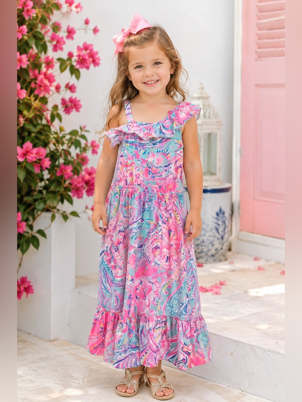 Lilly Pulitzer Girls Octavia Ruffled Maxi Dress in Pink & Aqua Blue 2T-3T